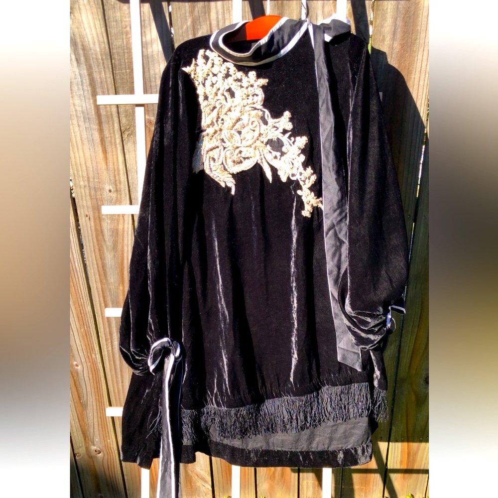 Silky soft Velvet Embroidered.Pearls Puff Sleeves Tunic Top